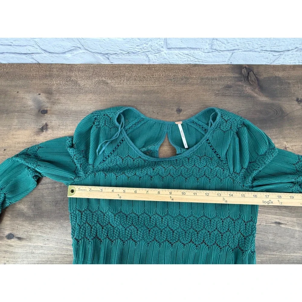 Free People Fire Island Crochet Knit Top XS Teal Green Lace Boho Peplum Blouse